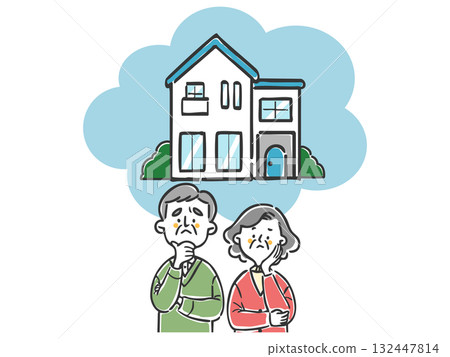 Senior couple worried about housing, vacant house problem, vector 132447814