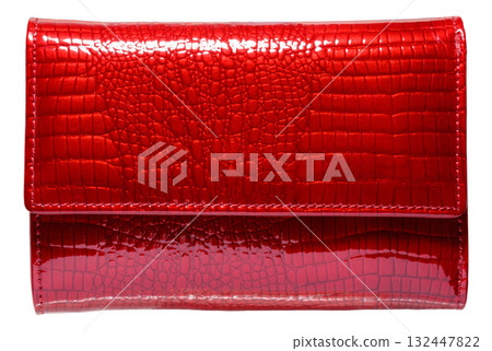 A vibrant women's wallet made of red patent leather with a crocodile-like embossing. 132447822