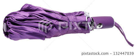 Folded portable automatic umbrella in bright purple color with handle and strap 132447839