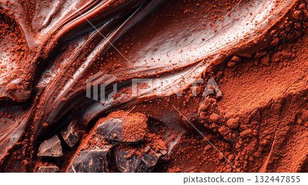 Delicious chocolate background with cocoa powder and chocolate chunks. An appetizing close-up of melted chocolate, cocoa powder, and chocolate pieces, perfect for culinary or dessert themes. Delicious chocolate background with cocoa powder and chocolate chunks. An appetizing close-up of melted chocolate, cocoa powder, and chocolate pieces, perfect for culinary or dessert themes. 132447855