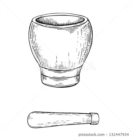 Empty mortar and pestle set vector black and white drawing. Kitchenware pot for grinding spices, plants line ink illustration. Kitchen utensil for cook book, recipe design, product catalog Empty mortar and pestle set vector black and white drawing. Kitchenware pot for grinding spices, plants line ink illustration. Kitchen utensil for cook book, recipe design, product catalog 132447934