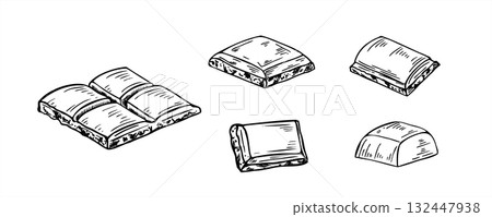 Chocolate set vector isolated line art black ink sketch. Piece of black or milk chocolate bar etching drawing. Sweet candy chunks illustration for book design, menu, food product decor Chocolate set vector isolated line art black ink sketch. Piece of black or milk chocolate bar etching drawing. Sweet candy chunks illustration for book design, menu, food product decor 132447938
