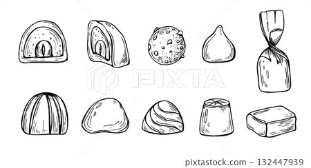 Chocolate candies of cross section, whole and with fillings inside vector isolated line art black ink illustration. Monochrome hand drawn sweets set. For cafe dessert design, recipes, invitation 132447939