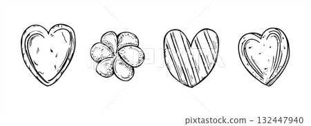 Flower and heart shaped cookies decorated icing set vector isolated illustration painted by black inks. Traditional valentine day cookie etching drawing. Hand drawn biscuit clip art for greeting card Flower and heart shaped cookies decorated icing set vector isolated illustration painted by black inks. Traditional valentine day cookie etching drawing. Hand drawn biscuit clip art for greeting card 132447940