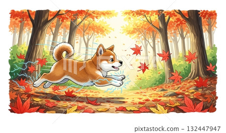 A Shiba Inu dashing through the autumn forest 132447947