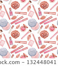 Seamless pattern with cosmetic products - powder, eye shadow, lip gloss. Handmade watercolor illustration on white background. For wrapper, textile 132448041