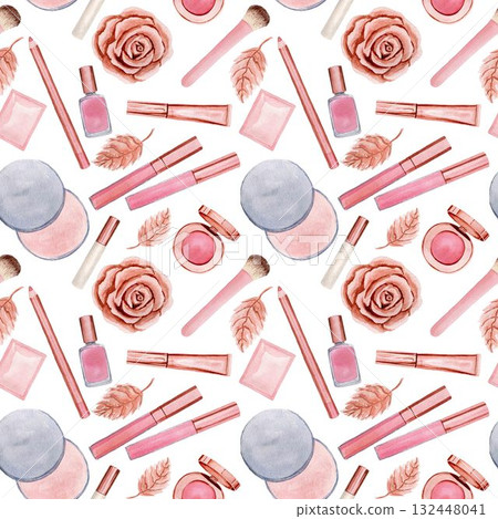 Seamless pattern with cosmetic products - powder, eye shadow, lip gloss. Handmade watercolor illustration on white background. For wrapper, textile 132448041