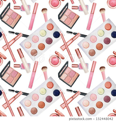 Seamless pattern with cosmetic products - powder, eye shadow, lip gloss. Handmade watercolor illustration on white background. For wrapper, textile 132448042