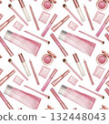 Seamless pattern on cosmetic theme - eye shadow, lip gloss, cream, brush, lip liner. Watercolor illustration on white background. For wrapper, textile 132448043