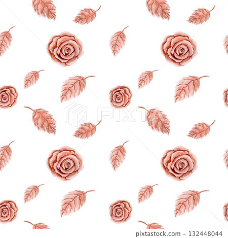 Seamless pattern with plastic or metal rose head and leaves. Watercolor illustrations isolated on white background for design, decor, textile, fabric 132448044
