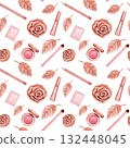 Seamless pattern with plastic or metal rose head and leaves, cream, lip liner, eye shadow. Watercolor illustrations isolated on white background 132448045