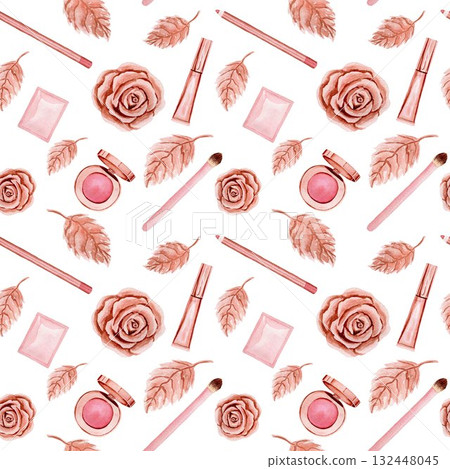 Seamless pattern with plastic or metal rose head and leaves, cream, lip liner, eye shadow. Watercolor illustrations isolated on white background Seamless pattern with plastic or metal rose head and leaves, cream, lip liner, eye shadow. Watercolor illustrations isolated on white background 132448045