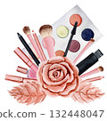 Lip gloss, lipstick, eyeliner, nail polish, lip liner, eye shadow, gold rose, watercolor illustration isolated on white background. For cards, flyers 132448047