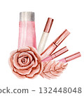 Lip gloss, lipstick, cream tube, gold rose, pink watercolor illustrations isolated on white background. Sublimation arrangement on a make up theme 132448048