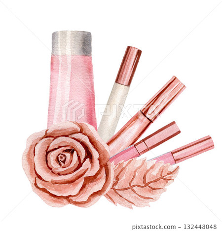 Lip gloss, lipstick, cream tube, gold rose, pink watercolor illustrations isolated on white background. Sublimation arrangement on a make up theme 132448048