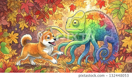 A fantastic encounter with a Shiba Inu amidst the autumn leaves A fantastic encounter with a Shiba Inu amidst the autumn leaves 132448053