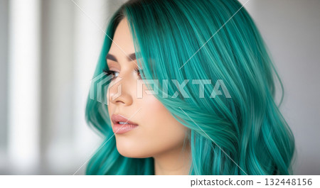 A striking rear view of a woman with beautiful hair dyed a vibrant aqua color A striking rear view of a woman with beautiful hair dyed a vibrant aqua color 132448156