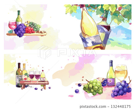 水果和葡萄酒的水彩插圖 132448175