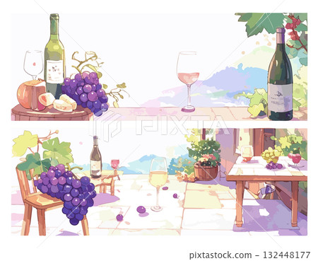 葡萄酒和葡萄的水彩插圖 132448177