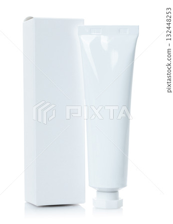 Blank white cosmetic cream tube with white box, isolated on a transparent background 132448253
