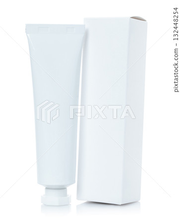 Blank white cosmetic cream tube with white box, isolated on a transparent background 132448254