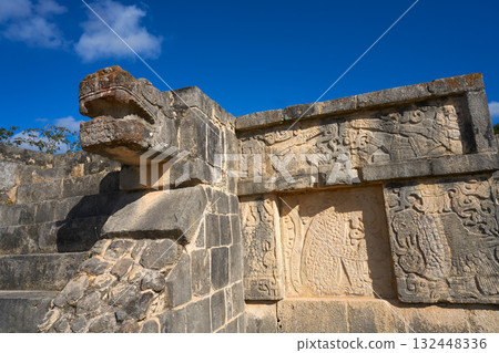 Chichen Itza snake head Yucatan Mexico 132448336