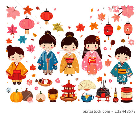 Children wearing autumn kimonos Children wearing autumn kimonos 132448572