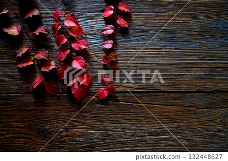 Autumn fall red leaves on wood 132448627