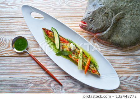 Grilled turbot over wild asparagus 132448772