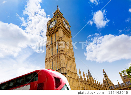 Big Ben Clock tower and London Bus in UK 132448946