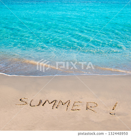 Tropical beach with Summer word written in sand Tropical beach with Summer word written in sand 132448950
