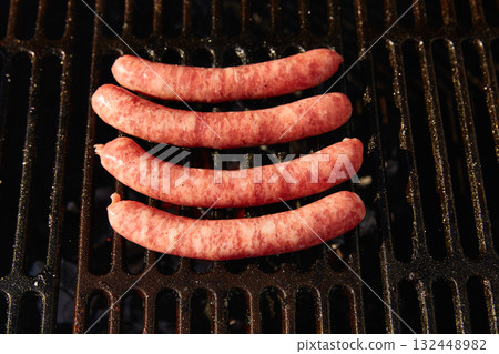 Barbecue sausages in a row Barbecue sausages in a row 132448982