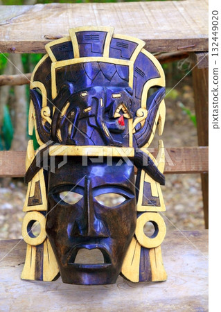 Mayan wood mask with jaguar Yucatan Mexico Mayan wood mask with jaguar Yucatan Mexico 132449020