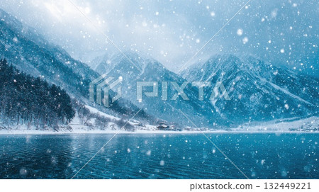 blue river on foggy day in winter forest illustration 132449221