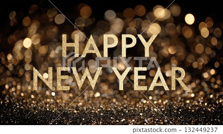 happy new year text on golden glitter background illustration 132449237
