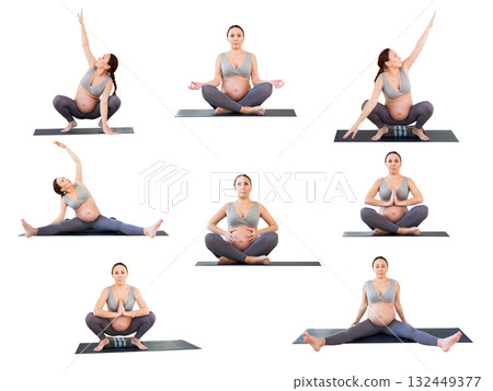 pregnant woman is engaged in yoga. Easy Pose or Sukhasana pregnant woman is engaged in yoga. Easy Pose or Sukhasana 132449377