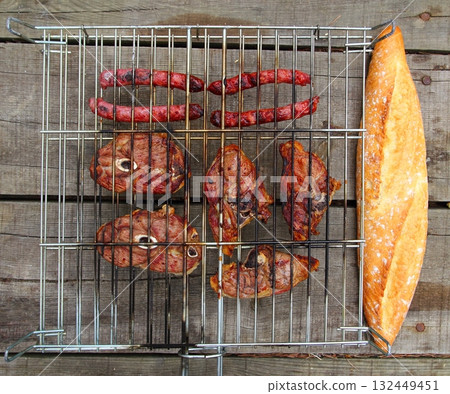 barbecue sausages lamb meat grill bread barbecue sausages lamb meat grill bread 132449451
