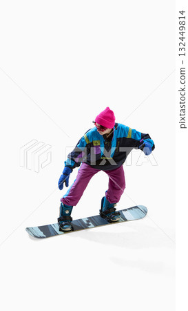 Snowboarder in retro suit crouching on board isolated on white studio background 132449814