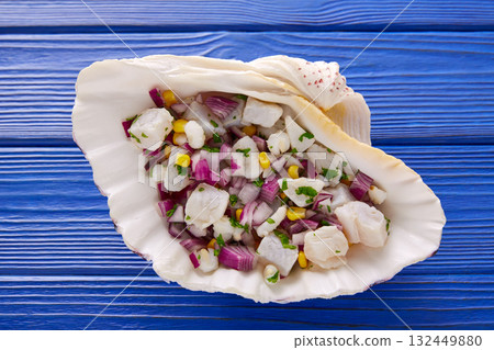 Ceviche peruvian recipe with fried banana 132449880