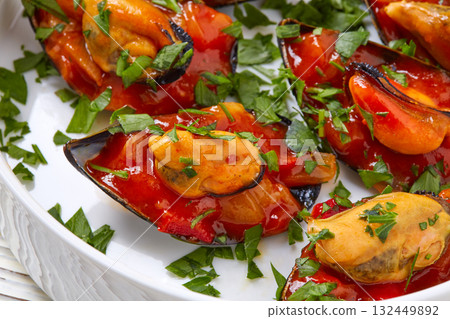 mussels with marinara sauce tapas pinchos 132449892