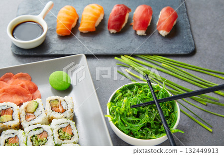 Sushi Maki and Niguiri soy sauce and wasabi 132449913