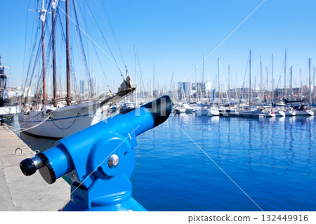 Barcelona port marina with blue telescope Barcelona port marina with blue telescope 132449916
