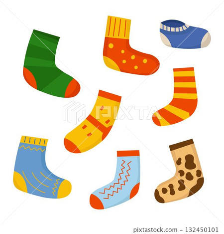 Collection of colorful patterned socks in playful flat style illustration 132450101