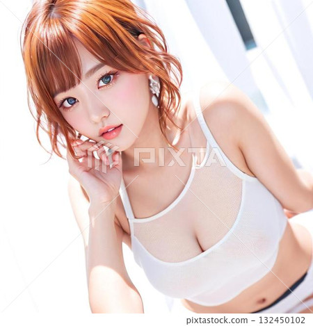 Young woman wearing a white camisole 132450102