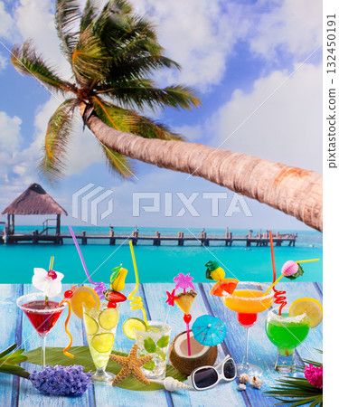 Colorful many tropical Cocktails in tropical blue wood 132450191