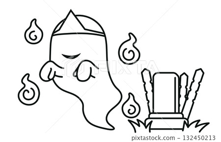 A simple line drawing of a ghost, a ghost, and a grave A simple line drawing of a ghost, a ghost, and a grave 132450213
