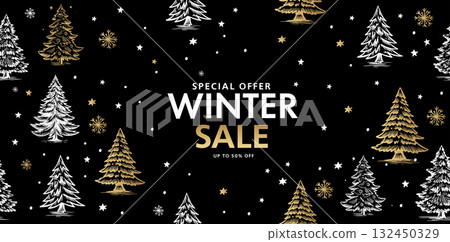 Winter sale, Christmas tree and star set on black, Hand drawn illustration.	 132450329