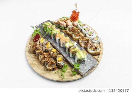 sushi mixed plate moriawase meal on plate in japanese restaurant sushi mixed plate moriawase meal on plate in japanese restaurant 132450377