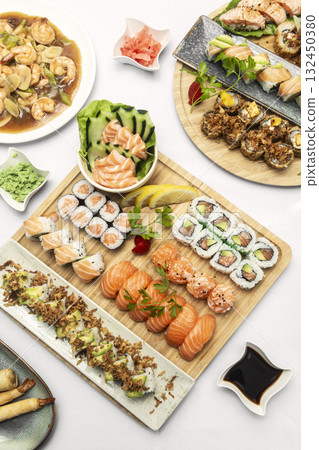 sushi mixed plate moriawase meal on plate in japanese restaurant 132450380