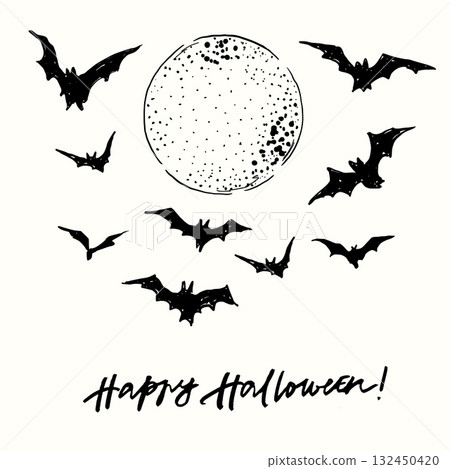 Vector Halloween poster of bats and moon. Hand-drawn happy holiday card isolated on white background. Illustration for design, print or background. Vector Halloween poster of bats and moon. Hand-drawn happy holiday card isolated on white background. Illustration for design, print or background. 132450420